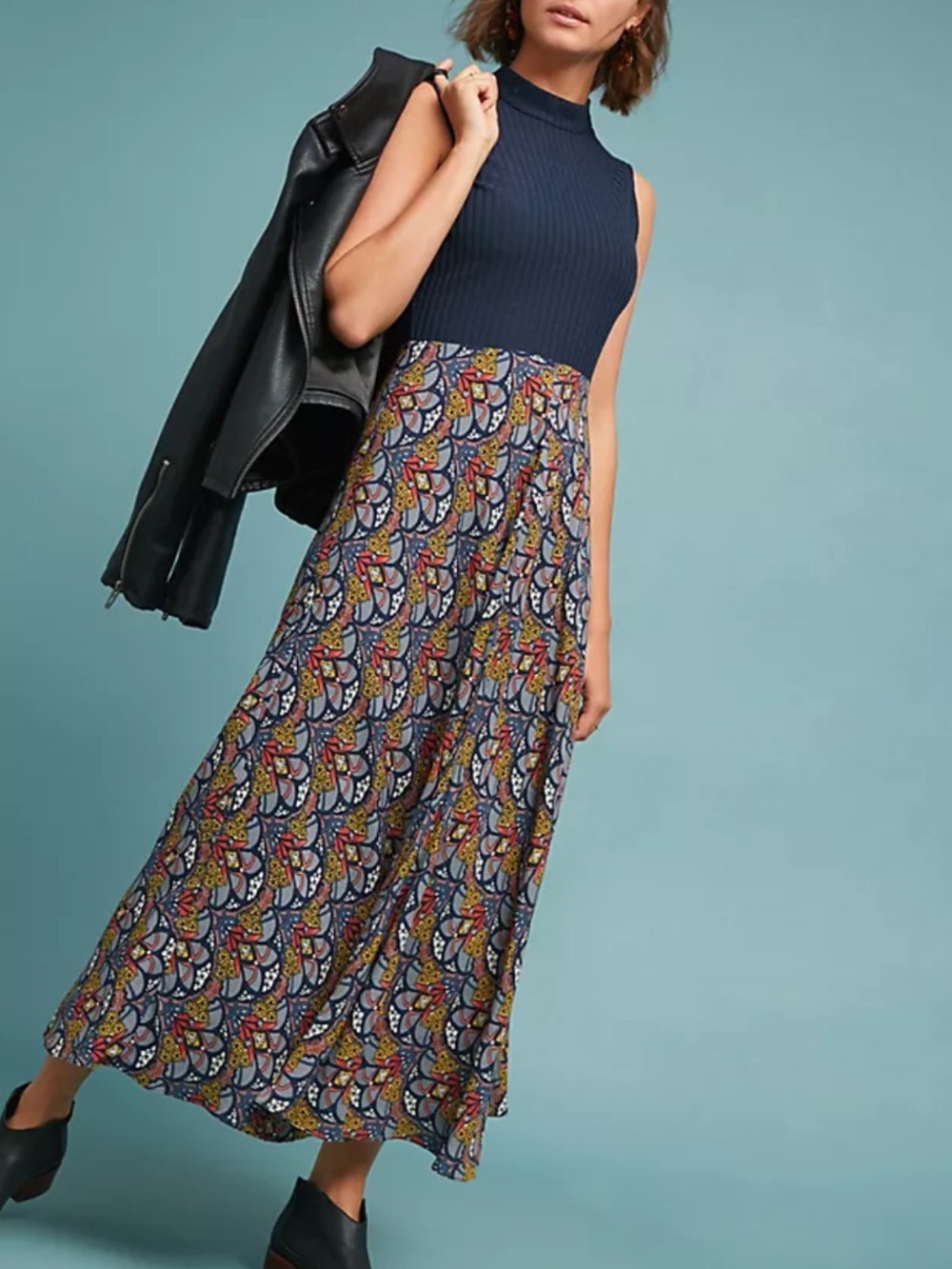 Anthropologie Navy Ribbed Top Multi-Color Patterned Midi Dress